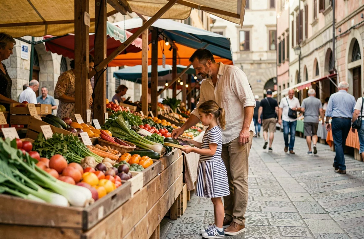 Père et sa fille visitant un marché en plein air européen, découvrant des produits locaux lors d'un voyage en famille abordable