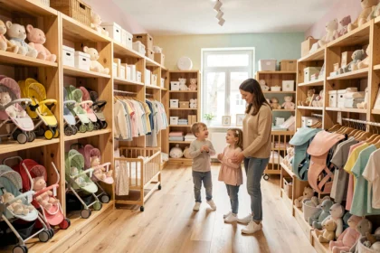 Intérieur d'un magasin de puériculture dans les Pays de la Loire avec une mère et son enfant explorant les rayons