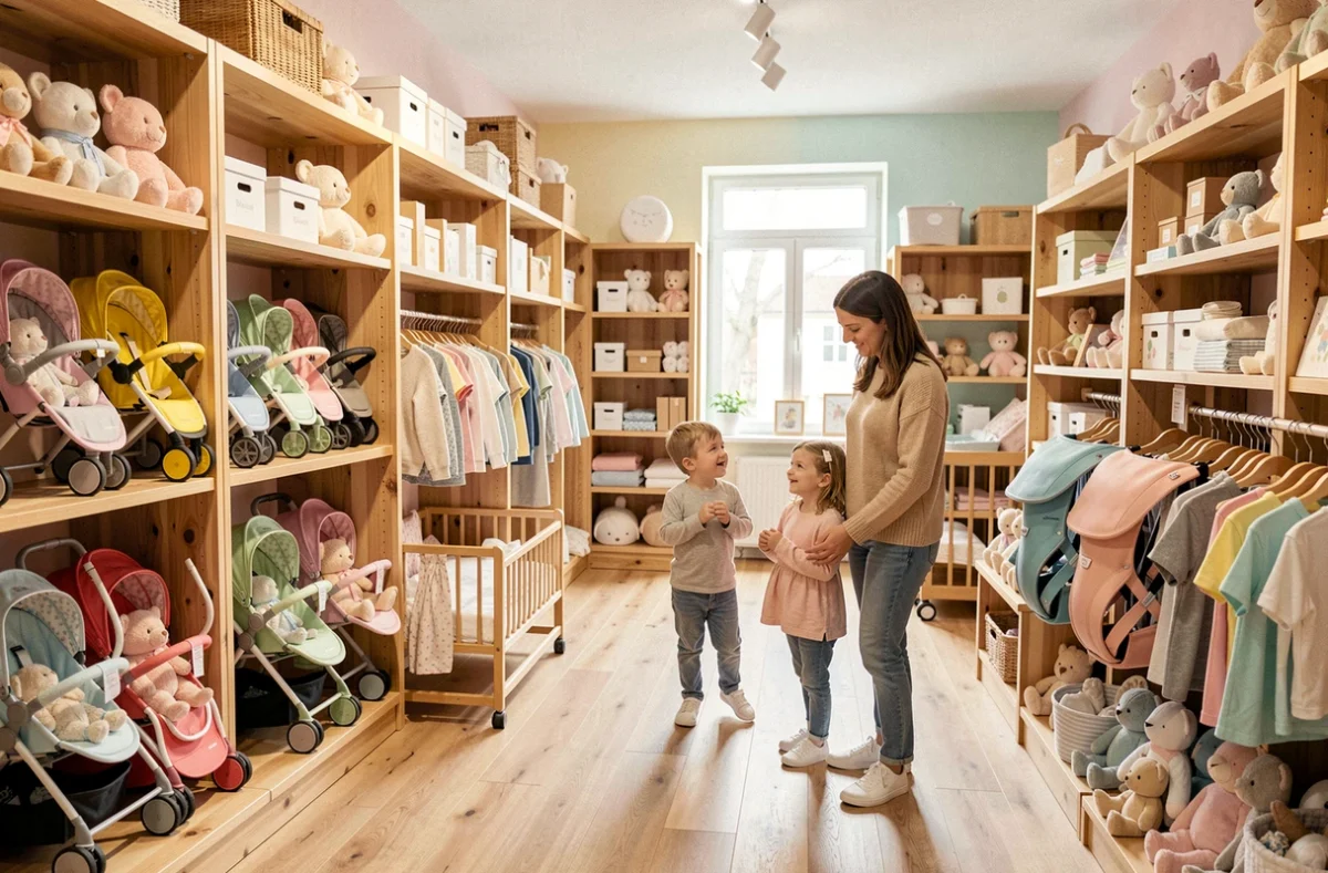 Intérieur d'un magasin de puériculture dans les Pays de la Loire avec une mère et son enfant explorant les rayons