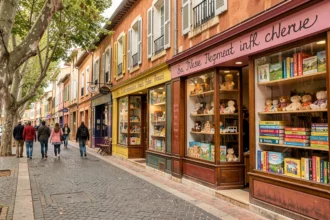 Vue d'ensemble d'une rue commerçante d'Occitanie avec des boutiques de jouets indépendantes aux devantures colorées