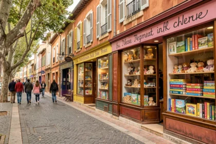 Vue d'ensemble d'une rue commerçante d'Occitanie avec des boutiques de jouets indépendantes aux devantures colorées