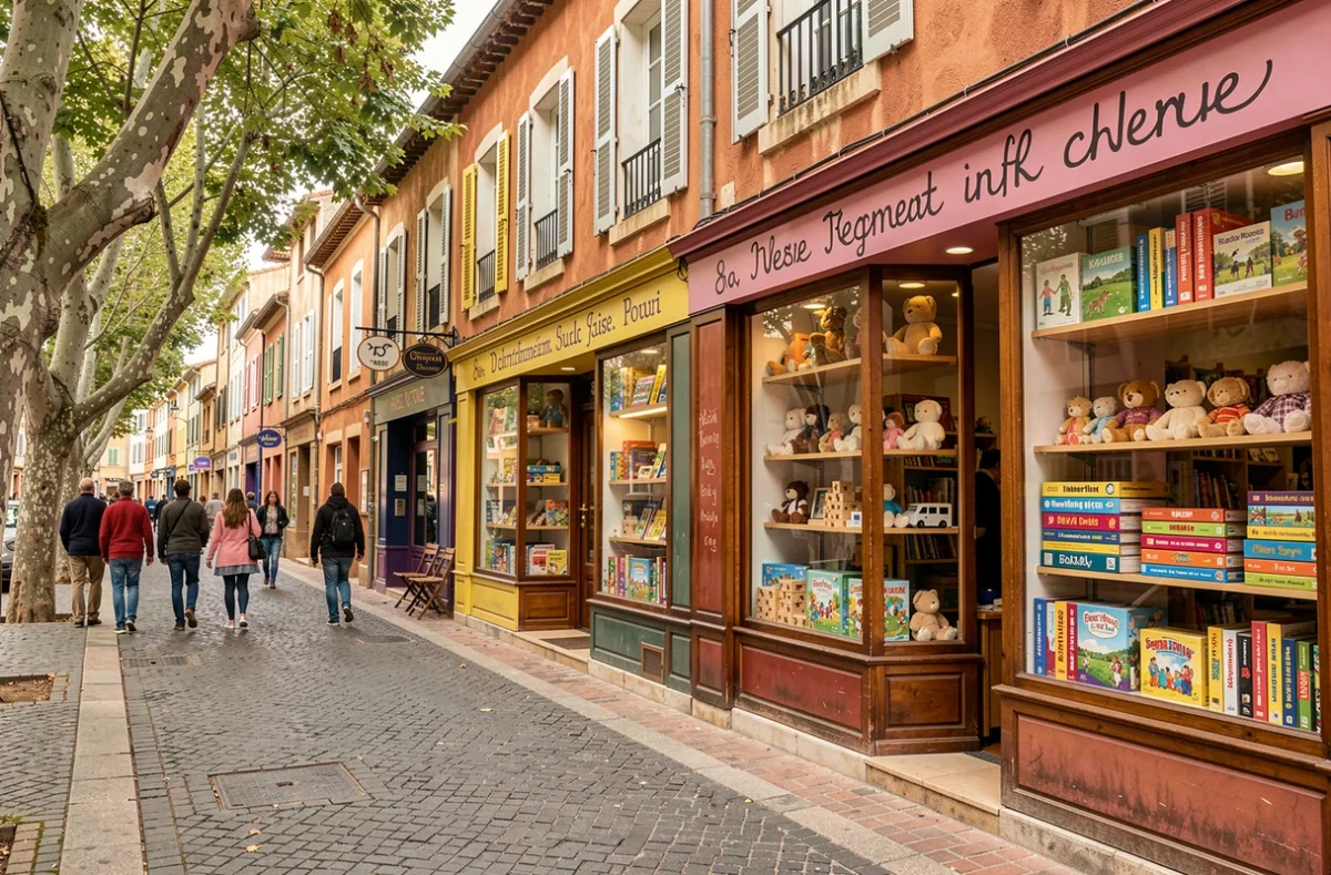 Vue d'ensemble d'une rue commerçante d'Occitanie avec des boutiques de jouets indépendantes aux devantures colorées