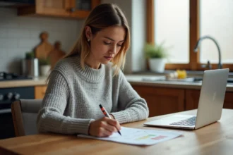 Mère analysant les notes de sécurité d'un siège auto sur une fiche comparative posée sur une table en bois