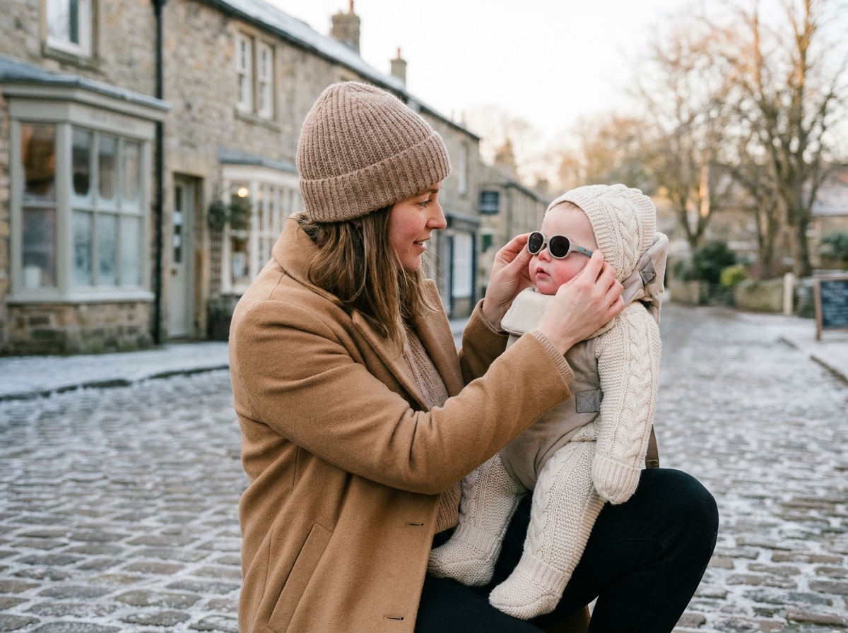 Mère ajustant des lunettes de soleil de protection sur son bébé en porte-bébé ventral lors d'une promenade hivernale en village