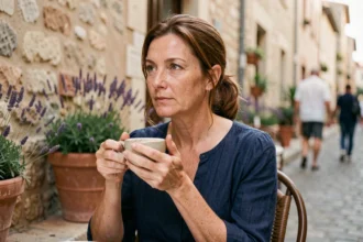 Femme discrète et élégante attablée à une terrasse de café en France, symbolisant une vie loin des projecteurs médiatiques