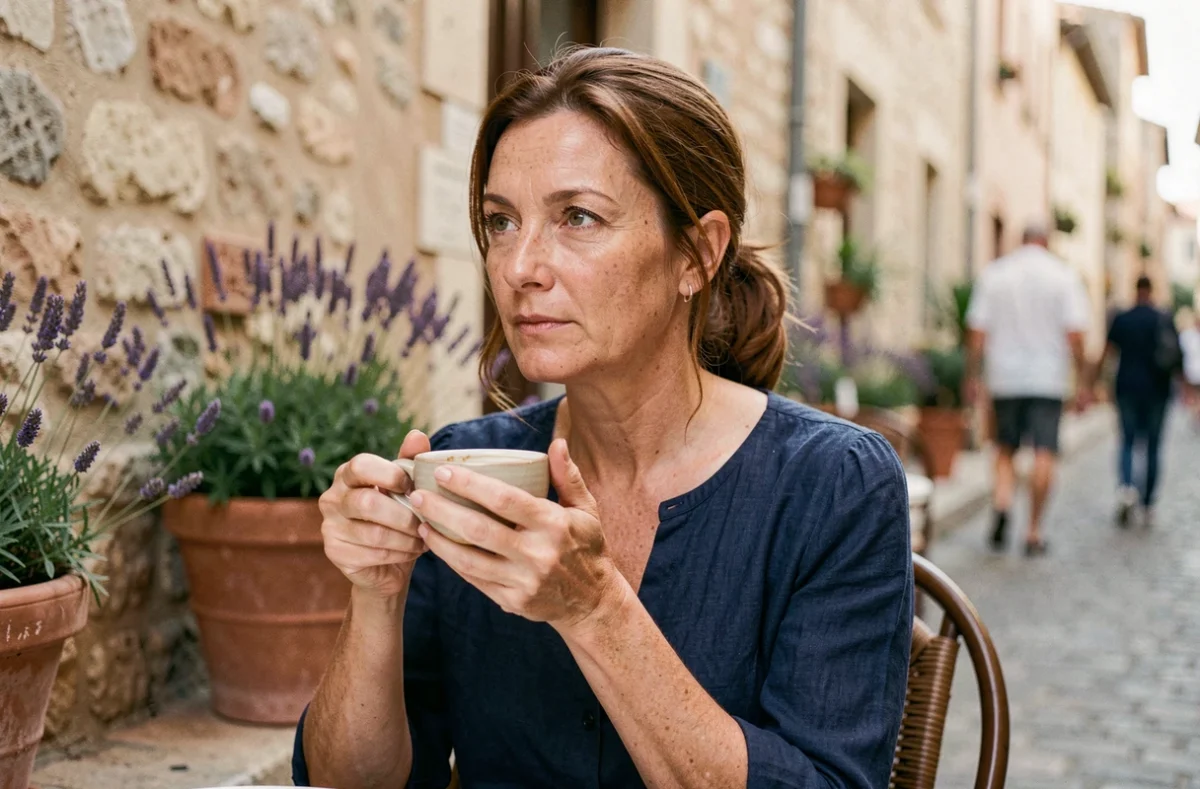 Femme discrète et élégante attablée à une terrasse de café en France, symbolisant une vie loin des projecteurs médiatiques