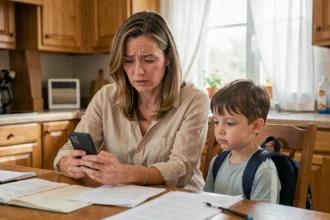 Mère et enfant scolarisé à la maison consultant les obligations légales d'absence scolaire en cas de grève ou canicule