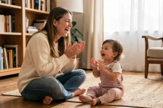 Jeune femme et tout-petit jouant à un jeu de comptine en boucle sur un plancher en bois dans un salon chaleureux