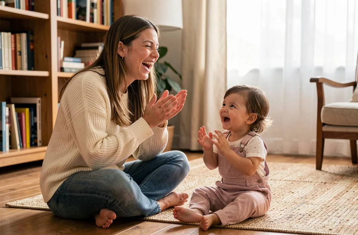 Jeune femme et tout-petit jouant à un jeu de comptine en boucle sur un plancher en bois dans un salon chaleureux