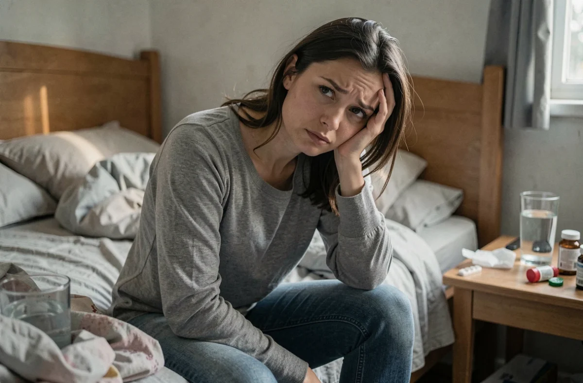 Mère épuisée assise seule dans une chambre, illustrant les difficultés émotionnelles liées à la santé mentale et aux enjeux de la garde d'enfant