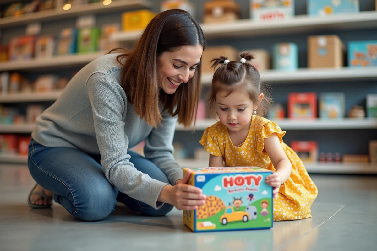 Mère et sa fille de 4 ans choisissant un jeu de société dans un magasin de jouets