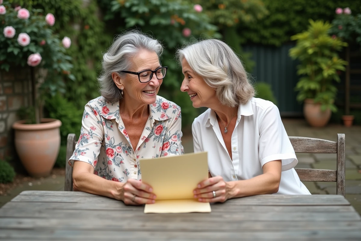 Mère âgée et sa fille adulte partageant ensemble une lettre manuscrite touchante dans un jardin fleuri, souriantes et proches l'une de l'autre