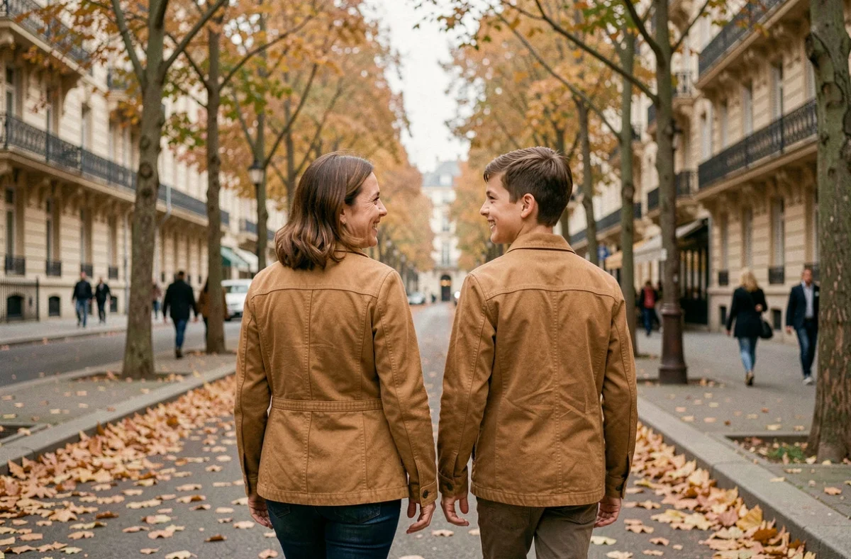 Mère et fils se promenant discrètement dans un boulevard parisien en automne, illustrant une vie familiale préservée des médias