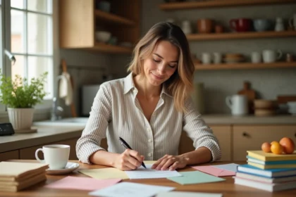 Mère écrivant des invitations d'anniversaire à la main avec une liste d'enfants sur une table en bois