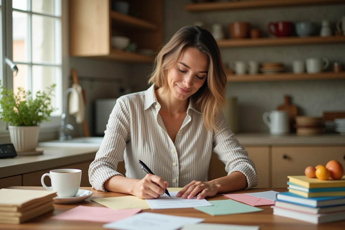 Mère écrivant des invitations d'anniversaire à la main avec une liste d'enfants sur une table en bois