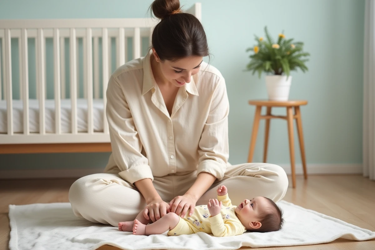 Jeune mère mesurant son bébé sur un tapis blanc dans une chambre de bébé style scandinave pour suivre sa croissance