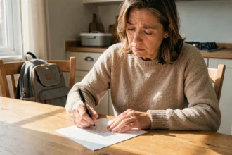 Mère écrivant un mot d'absence pour l'école à la maison en cas de grève ou de transport bloqué