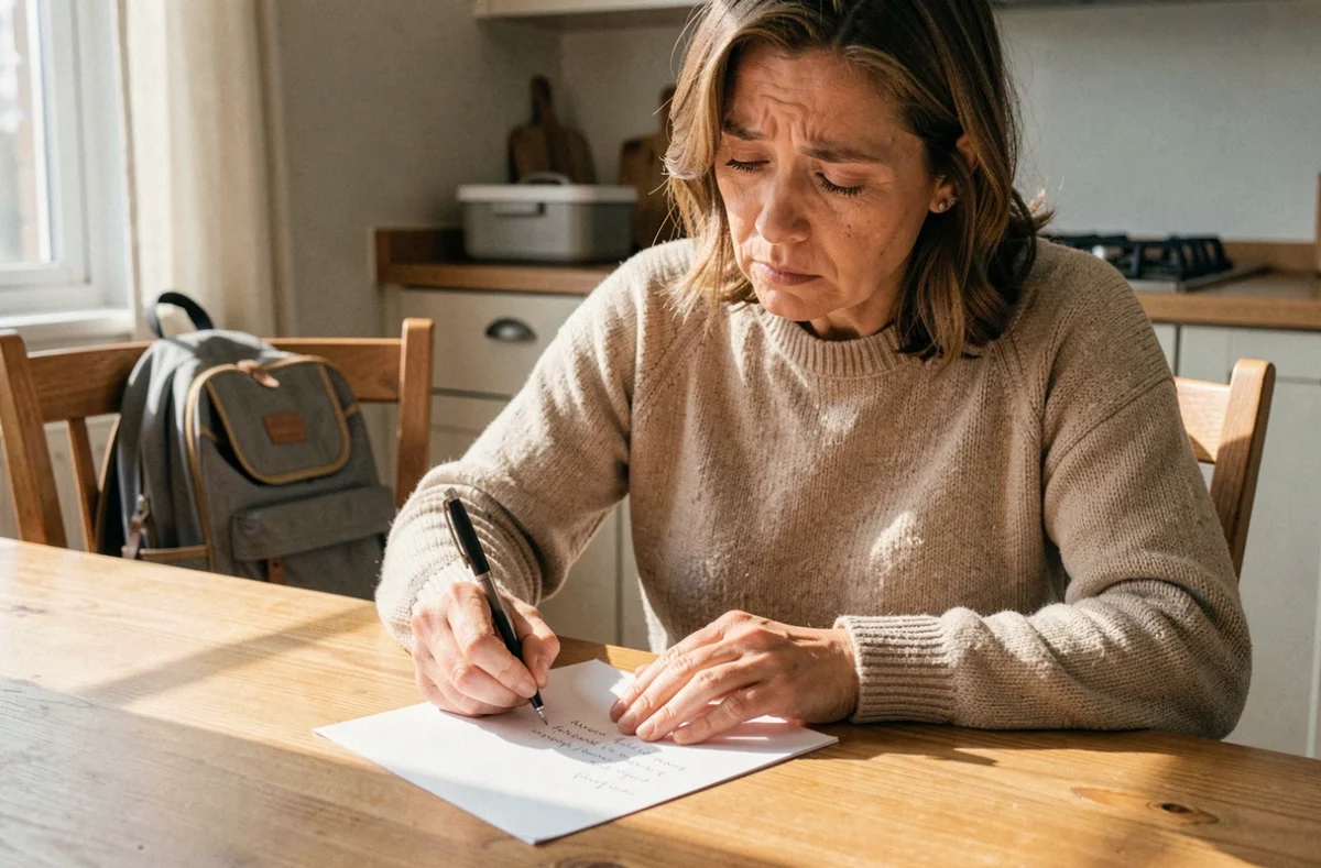 Mère écrivant un mot d'absence pour l'école à la maison en cas de grève ou de transport bloqué