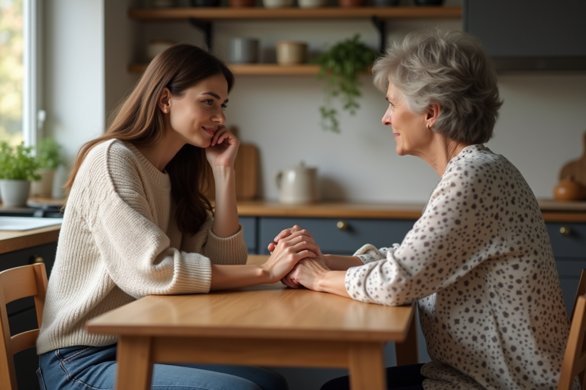 Femme et mère partageant un moment dans la cuisine