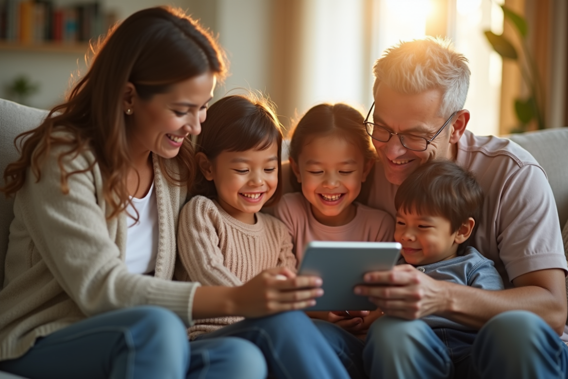 Moment familial chaleureux dans un salon ensoleille
