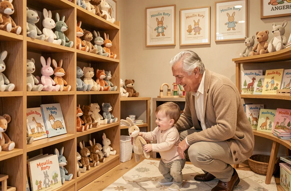 Boutique Moulin Roty Angers avec peluches en velours, jouets en bois et livres illustrés dans un cadre chaleureux