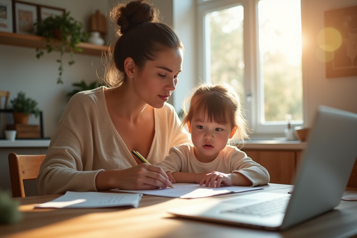 Mère et enfant à la cuisine remplissant des documents