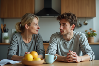 Femme et adolescent assis à la table de cuisine en tension
