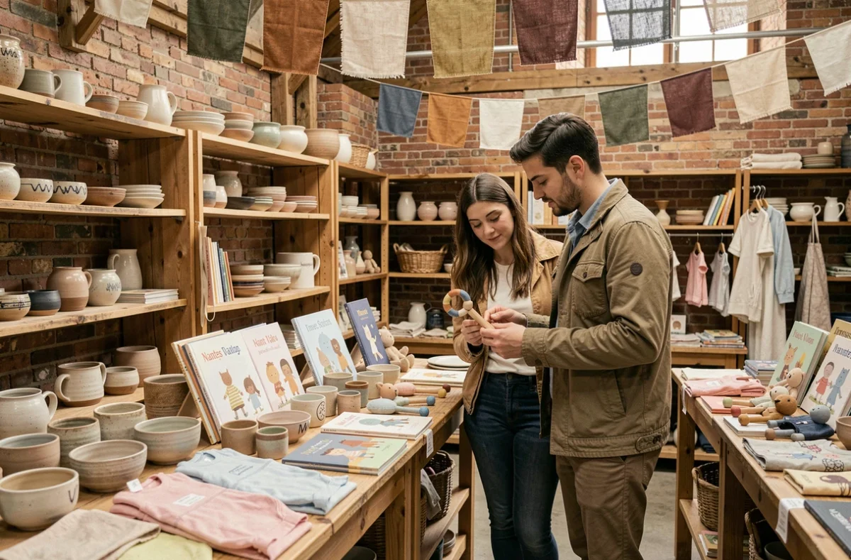 Espace Nantes à Cœur Créateurs présentant des créations artisanales locales pour bébé dans un intérieur en brique apparente