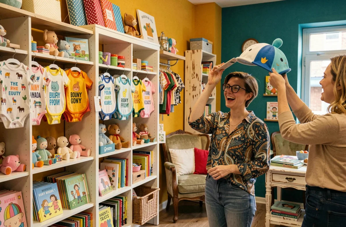 Intérieur de la boutique Nawak Boutik avec ses articles bébé originaux, décoration colorée et ambiance décalée