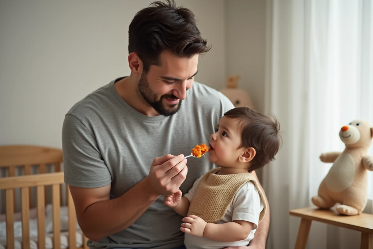 Pere offrant une cuillere de carottes a son bebe