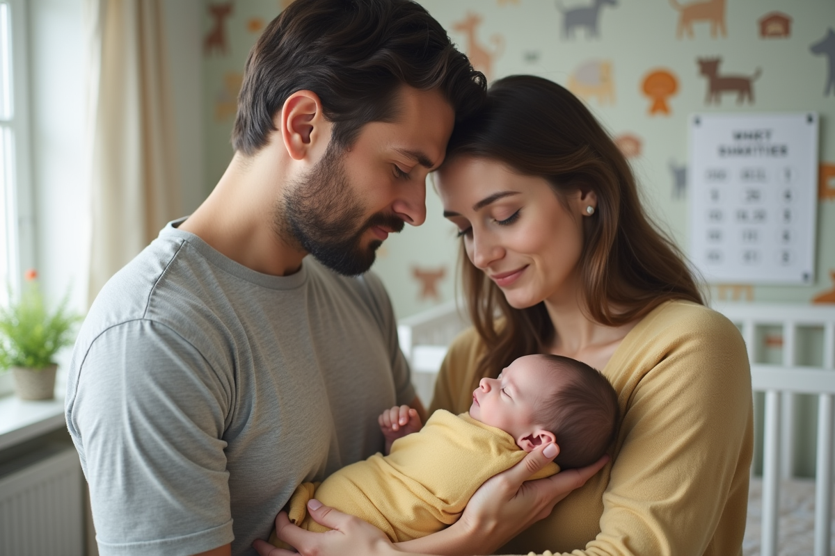 Père tenant sa fille dans un berceau moderne avec sa partenaire