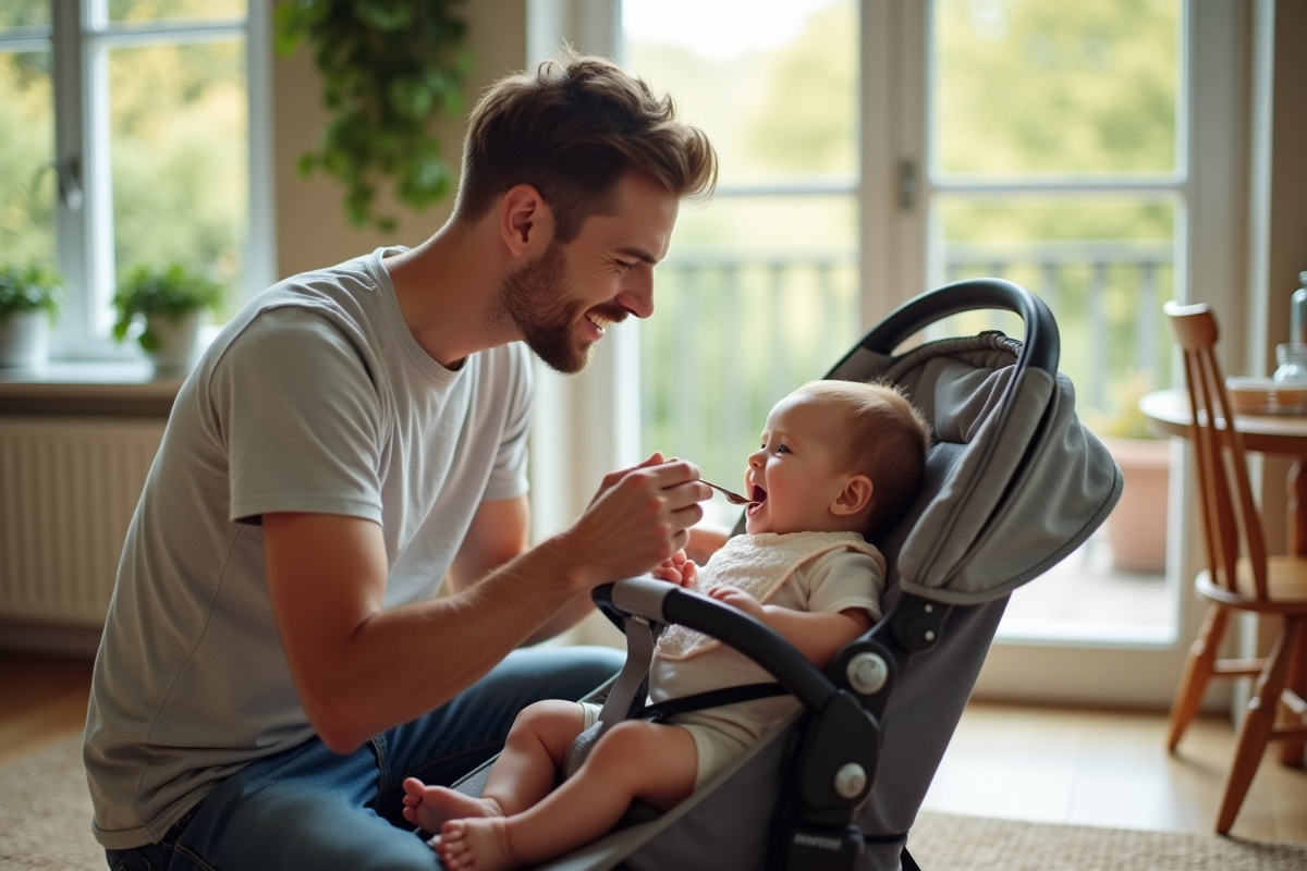 Papa donnant à manger à un bébé dans une véranda lumineuse