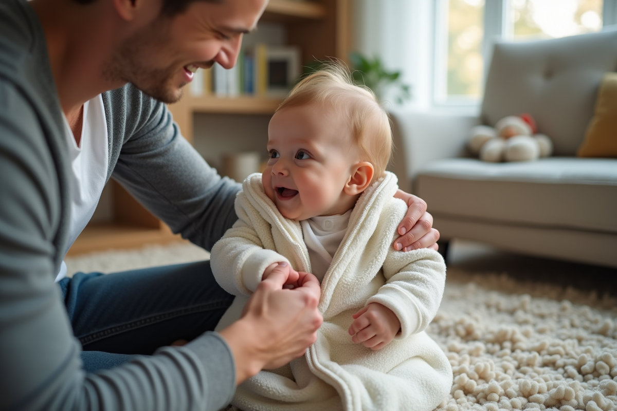 Pere aidant son bebe dans un sac de couchage dans un salon chaleureux