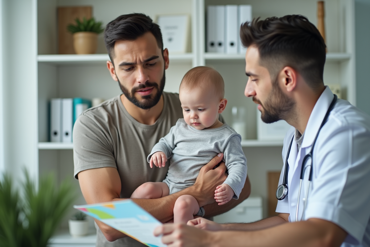 Père avec bébé consulte un pédiatre dans un cabinet