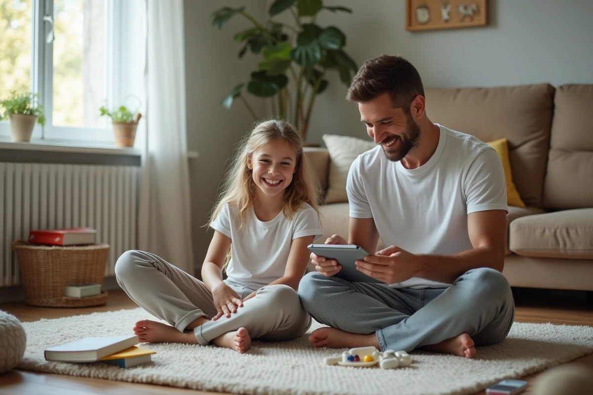 Papa et sa fille rient en triant une liste de tâches