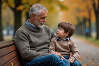 Père et fils assis sur un banc en automne