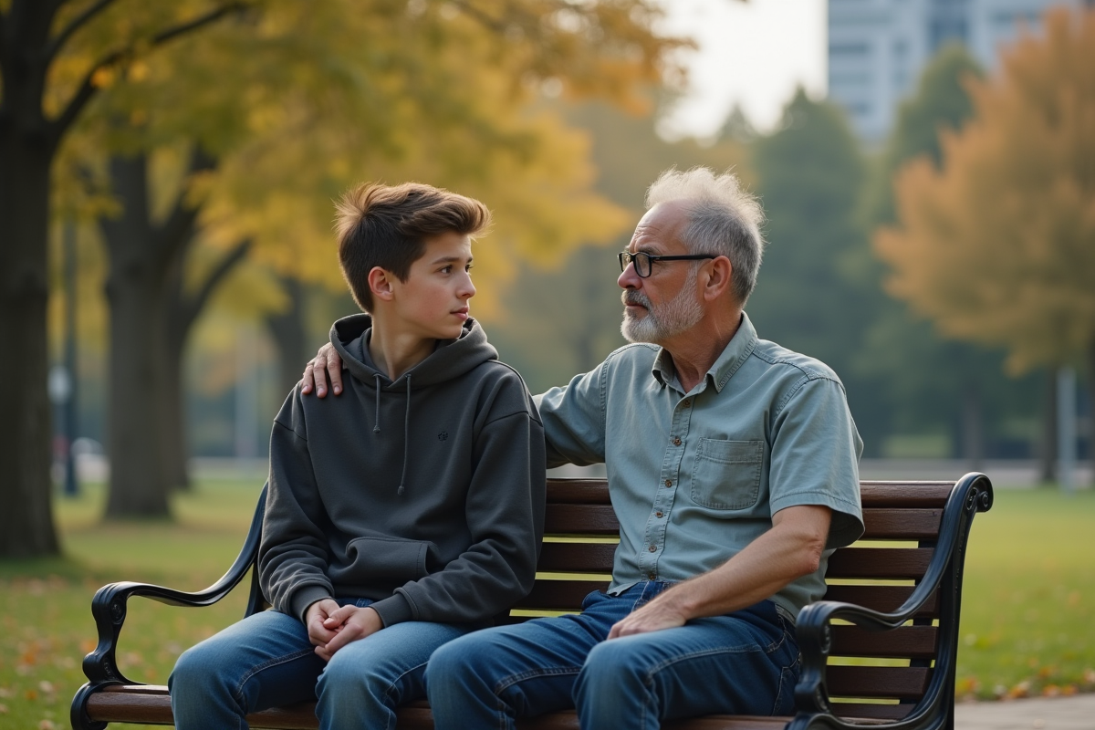 Père et fils assis sur un banc dans un parc urbain