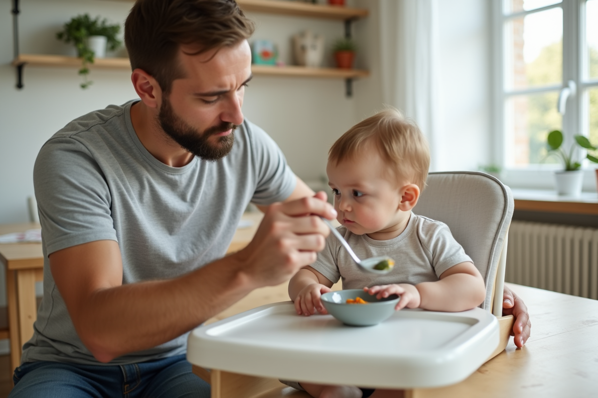 Pere inquiet donnant une cuillère a son enfant en repas
