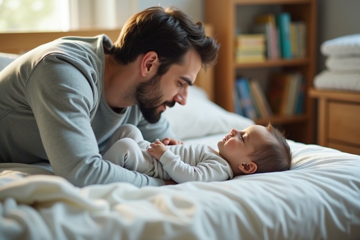 Père vérifiant son bébé endormi dans une chambre lumineuse