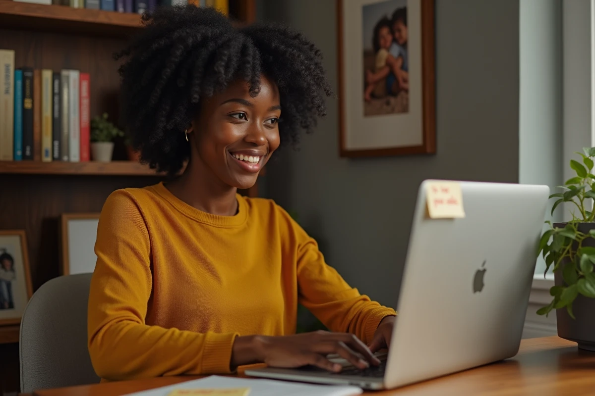 Maman connectée à une communauté parentale bienveillante en ligne depuis son coin bureau à domicile, expression de soulagement et de solidarité