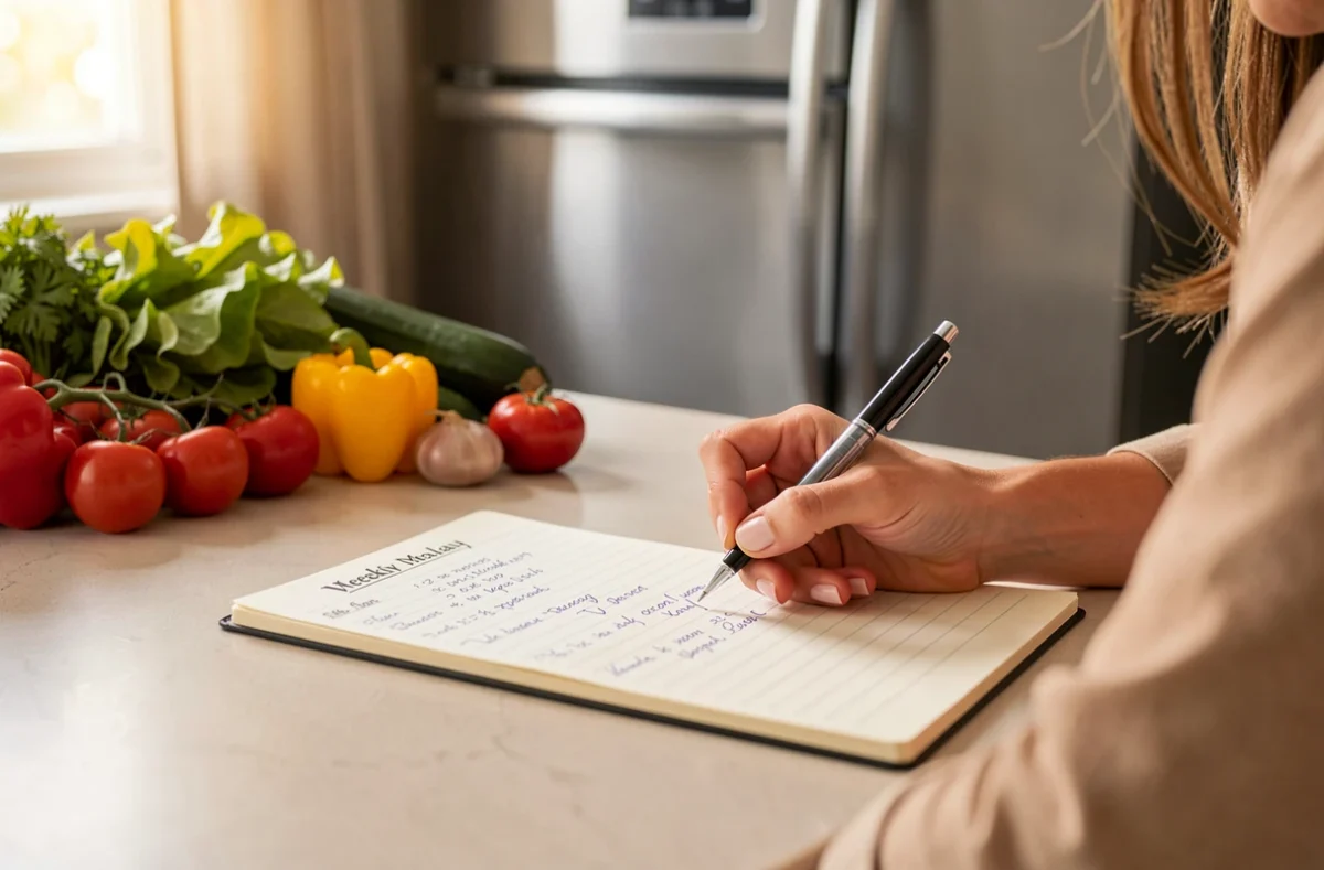 Parent notant le menu de la semaine sur un cahier dans la cuisine