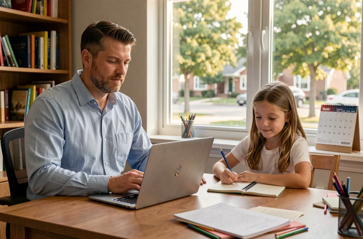 Père télétravaillant à domicile avec sa fille pendant une journée d'absence scolaire liée à une grève ou une vague de chaleur
