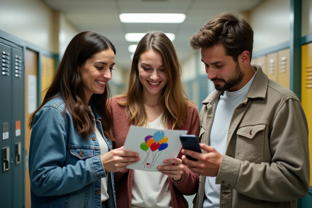 Groupe de parents consultant un smartphone pour coordonner les cadeaux d'anniversaire et éviter les doublons