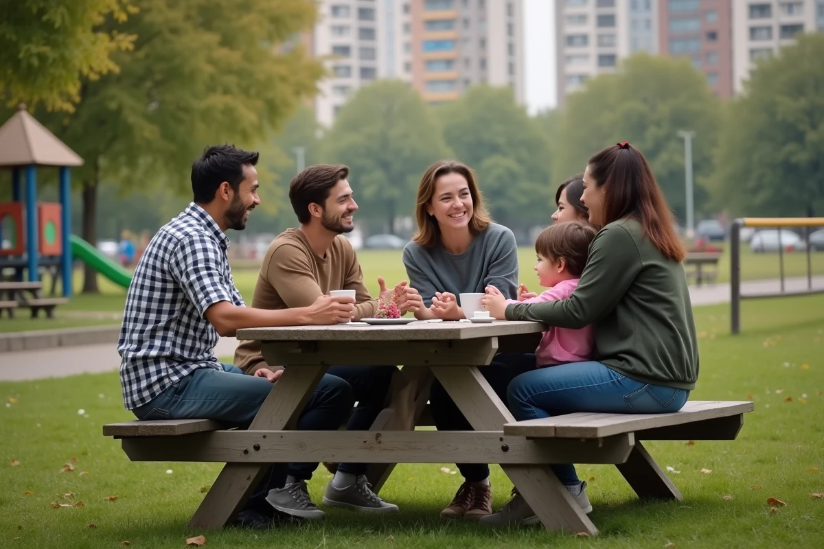Groupe de parents discutant au parc avec enfants