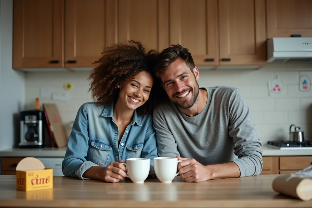 Couple de parents fatigués mais complices dans la cuisine le matin, ambiance quotidienne authentique et solidarité parentale