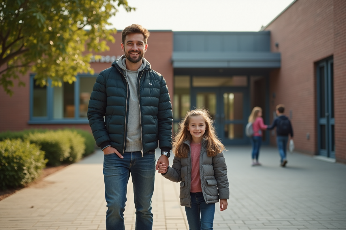 Pere et fille souriants devant l école moderne