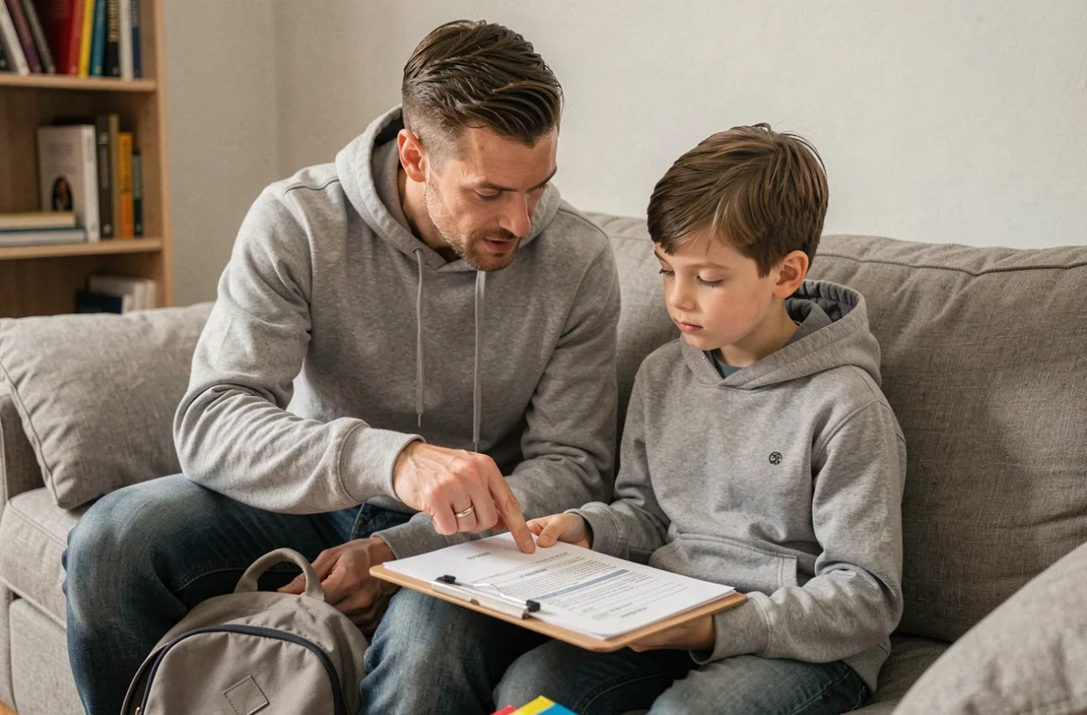Père et fils remplissant ensemble un formulaire de mot d'absence scolaire à la maison