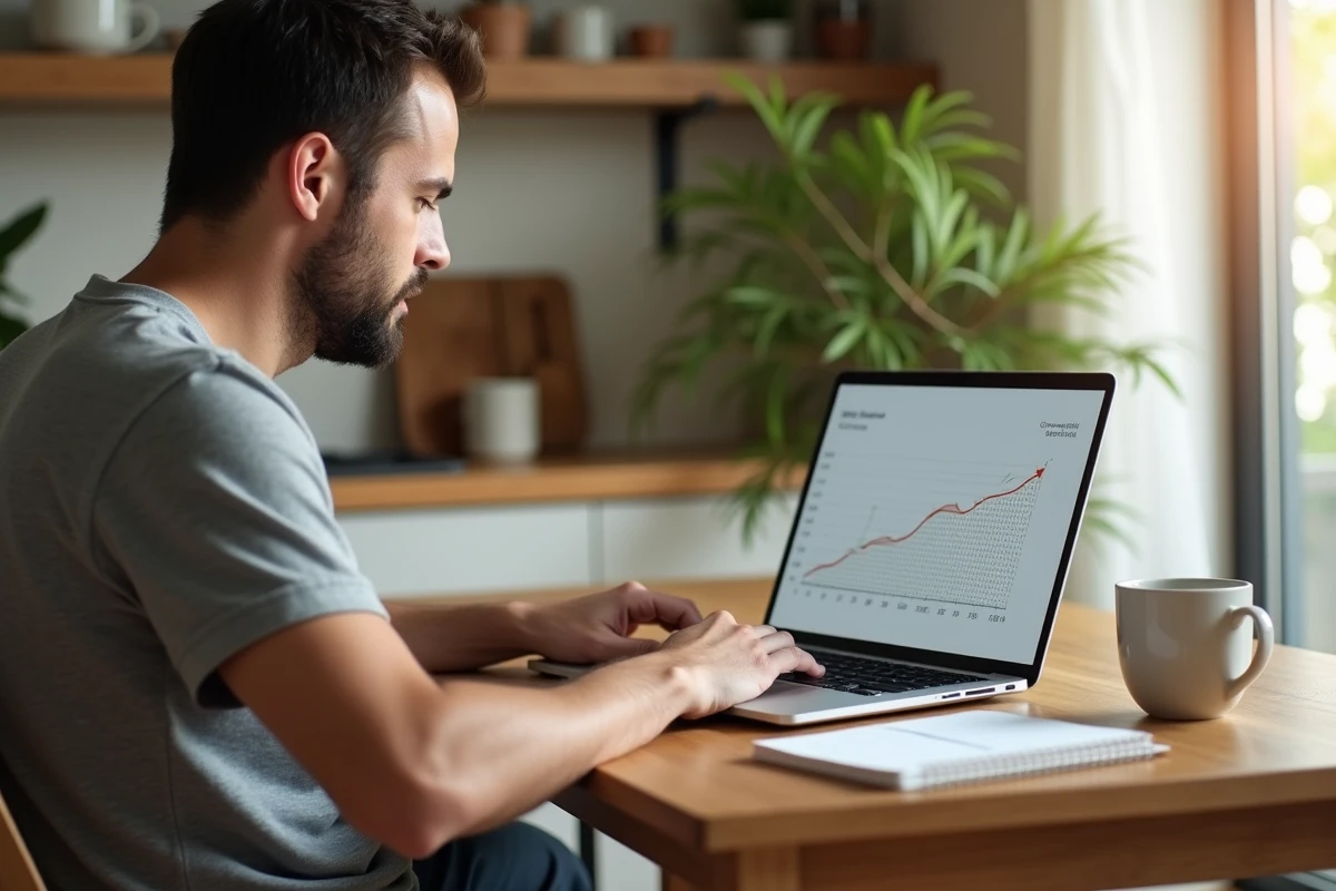 Père consultant une application de suivi de croissance bébé sur un ordinateur portable à la table de cuisine avec des notes manuscrites