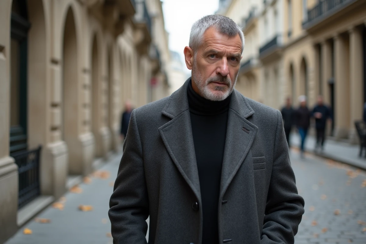 Homme intellectuel se promenant sur un trottoir parisien en pavés en automne, allure discrète évoquant la vie privée d'un personnage public
