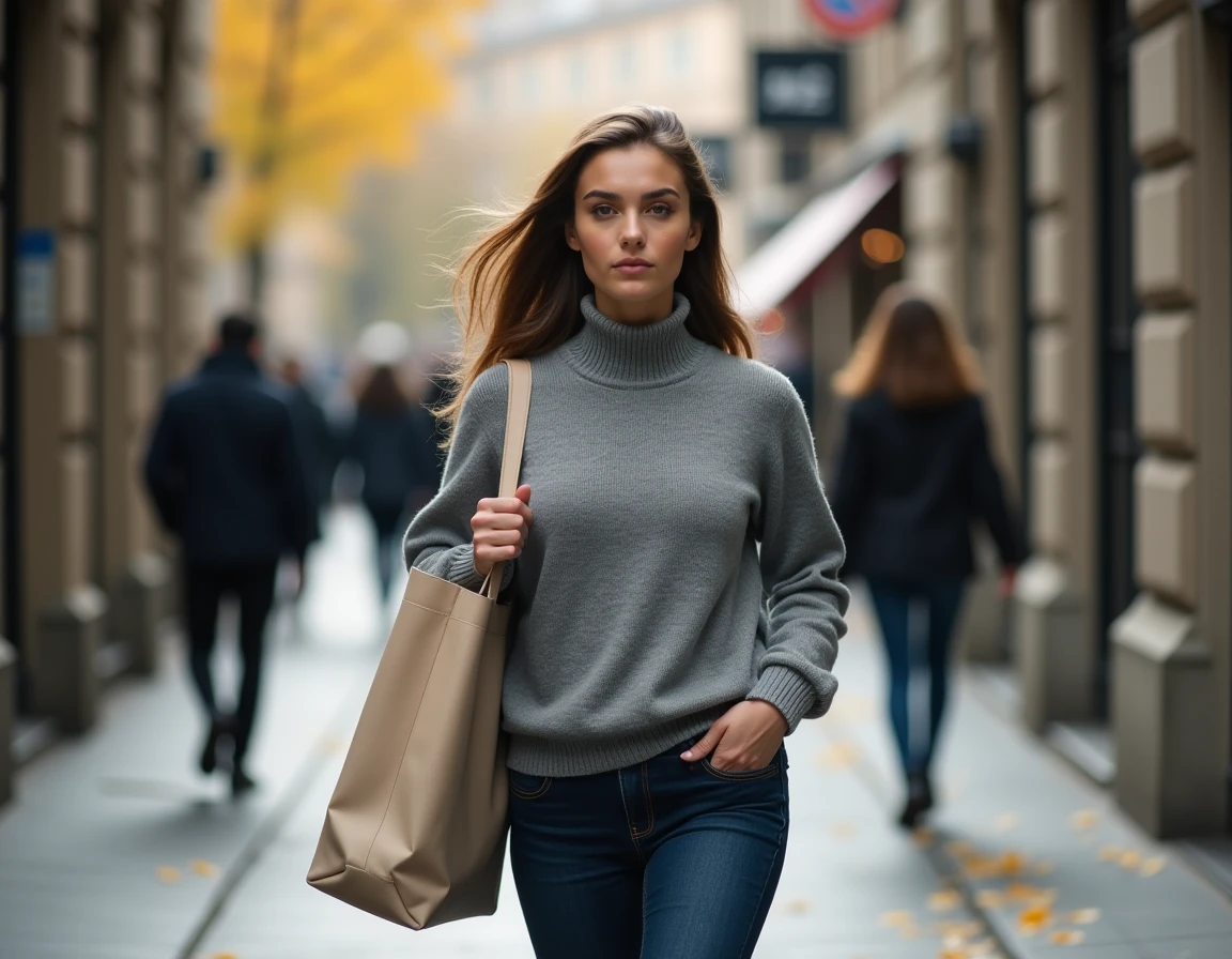 Jeune femme marchant dans une rue urbaine européenne, symbolisant une personnalité publique souhaitant préserver son intimité
